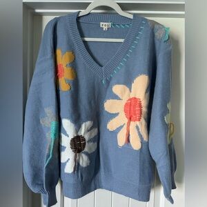 Pol Three Birds Nest Good Mood Flower Oversized Sweater NWOT
